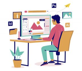 istockphoto-1243522179-612×612 Graphic designer creating his artwork using computer software sitting at desk, vector flat isometric illustration. Digital artist, illustrator, graphic design professional at workplace.